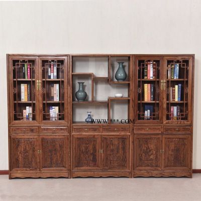 中式实木书柜榆木书橱书架明清古典带玻璃门家用书房书房家具