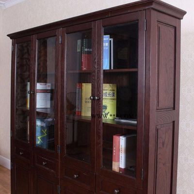 实木储物橱带玻璃门书架自由组合门书柜美式现代高储物柜 实木书柜