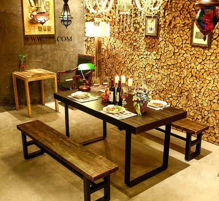 美式实木6人复古餐桌椅组合做旧铁艺酒店桌椅西餐厅松木餐桌定做