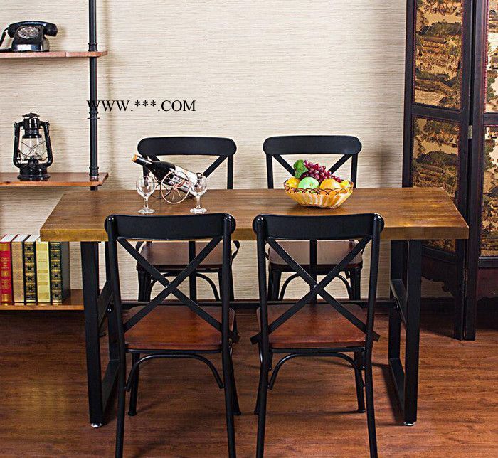 美式铁艺实木餐桌 餐厅复古简约餐桌椅 酒店家具定制家用松木饭桌