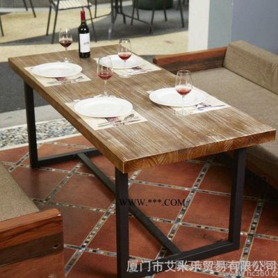 实木餐桌家用松木美式乡村餐桌酒店西餐桌奶茶铁艺复古桌西餐桌